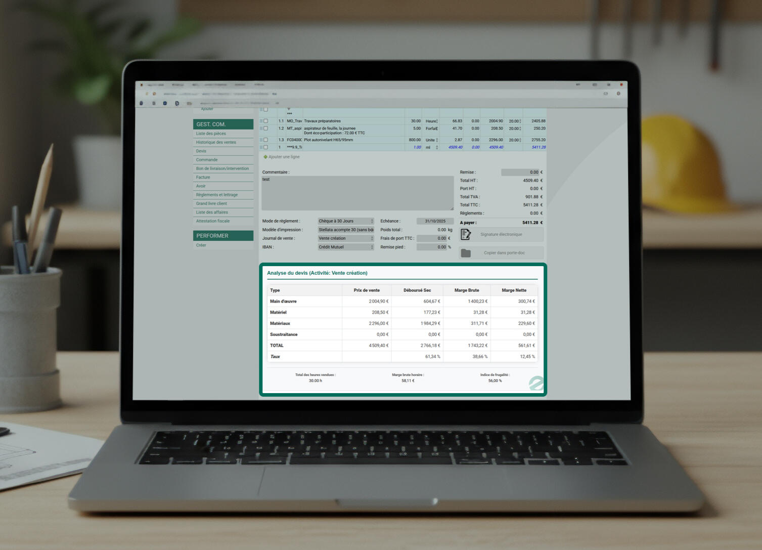 screenshot d'Extrabat avec l'affichage de l'analyse du devis par Exzen Metrics
