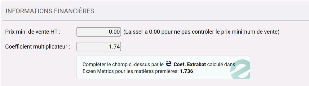 Insert du coefficient multiplicateur calculé depuis Exzen Metrics dans la page article d'Extrabat